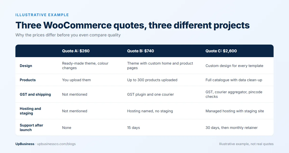 Illustrative example of three WooCommerce quotes at $260, $740 and $2,600 with different design, products, GST, hosting and support